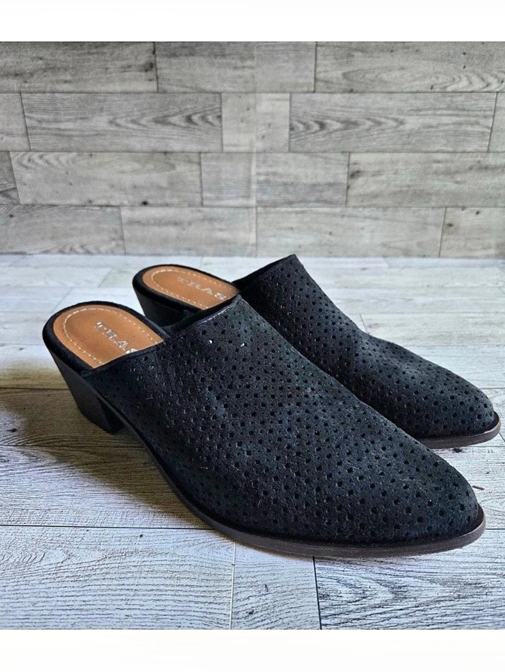 TRASK Ashley Perforated Suede Mule Black Perforated Mules Like New